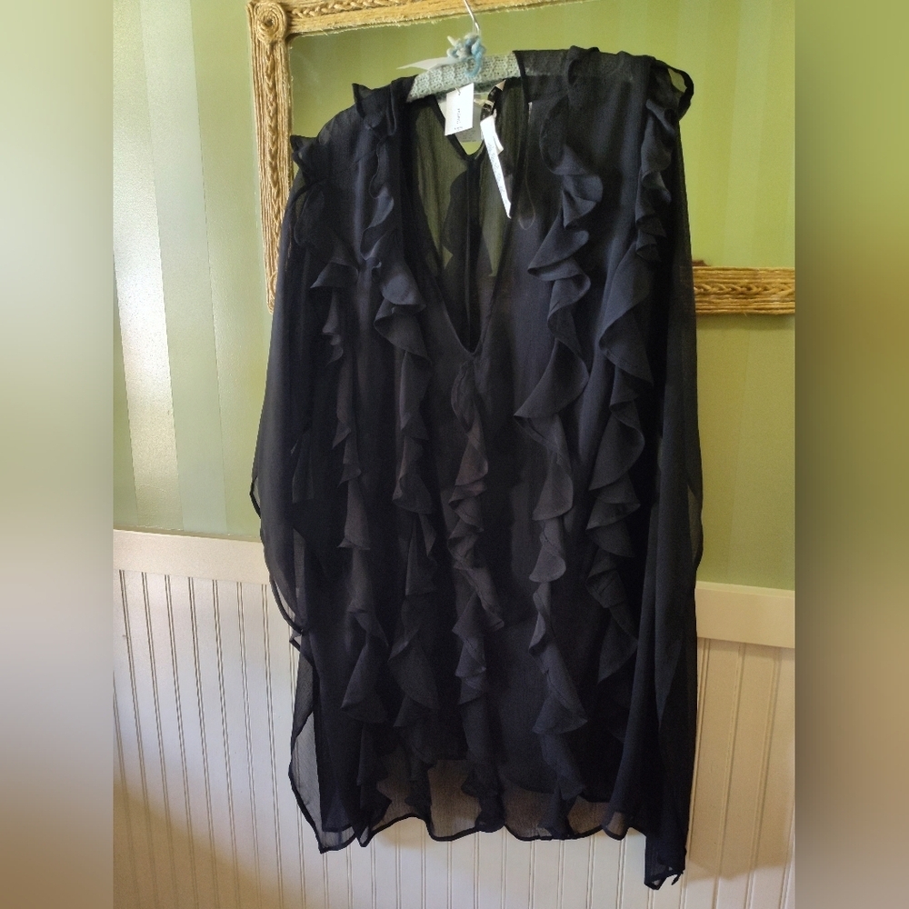 Mimi Flamingo Sheer Black Ruffle Chiffon Tunic Dress NWT Flowy Boho Resort Chic - Picture 5 of 7